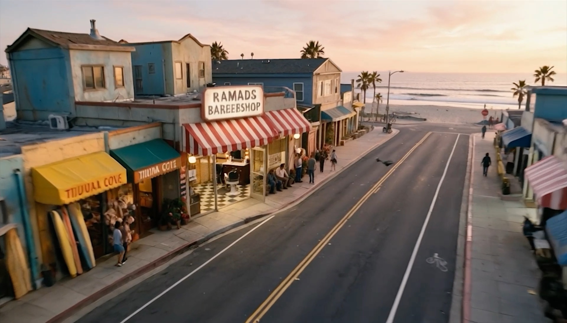 Aerial view at sunset: Ramads Barbershop's striped awning on a beachfront street, the Pacific at the end of the block.