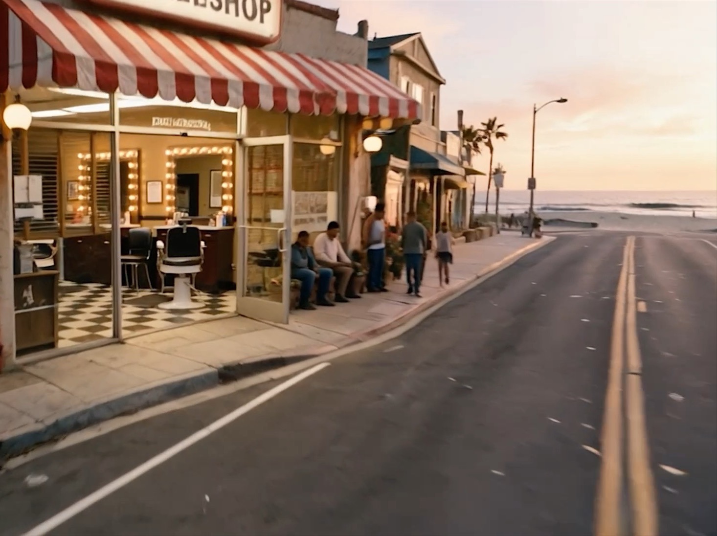 Dusk outside the shop: neighbors on the sidewalk bench by the open door, warm light spilling out, the ocean at the end of the street.